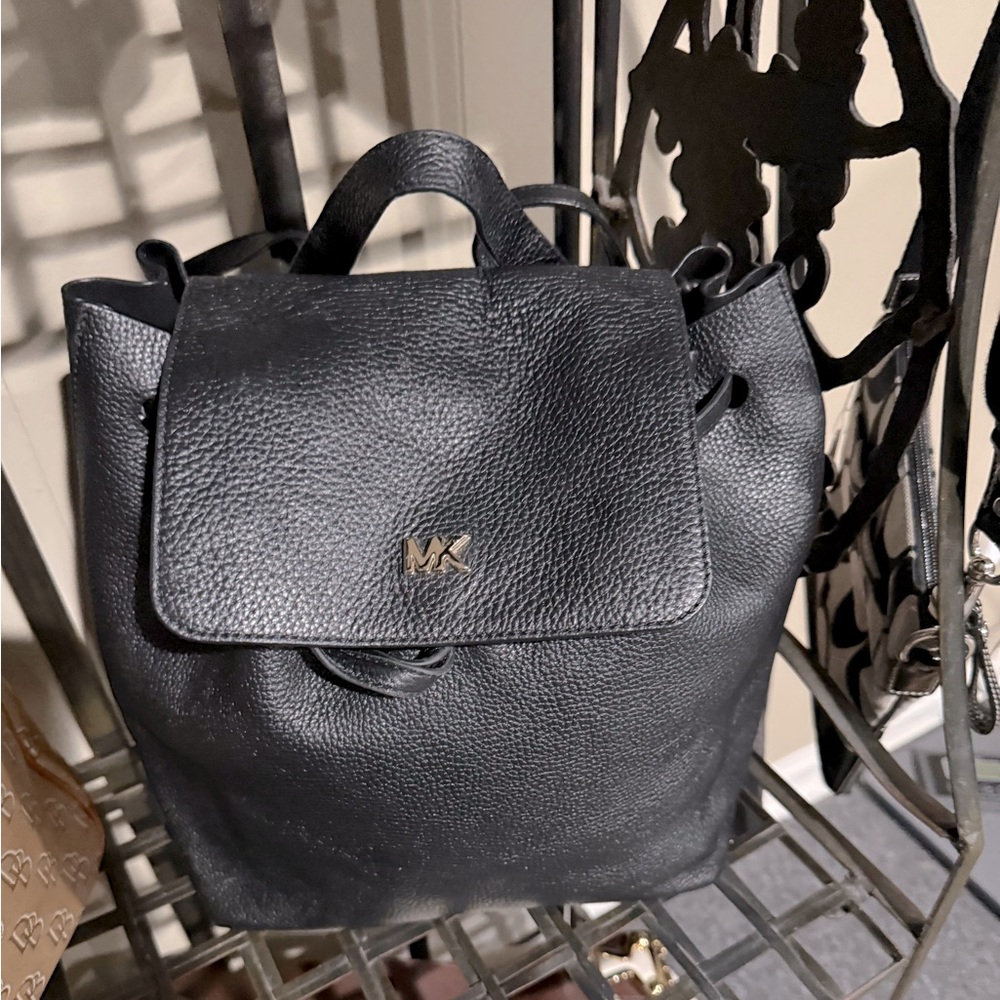 Michael Kors Black Pebbled Leather Drawstring Flap Backpack